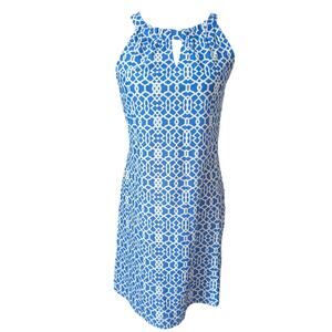 Jude Connally Dress Blue White Keyhole Halter Sleeveless Geometric Resortwear